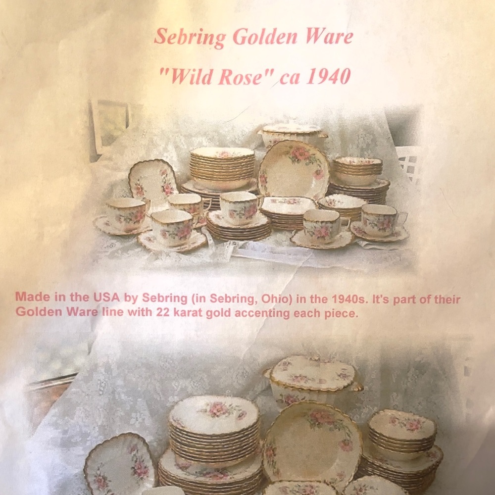 Vintage Sebring Golden Ware “Wild Rose” China Set ca. 1940. 22kt. Gold Rimmed